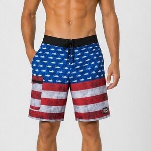 Pelagic Board Shorts American Flag Fish Print Recycled Performance Mens 38